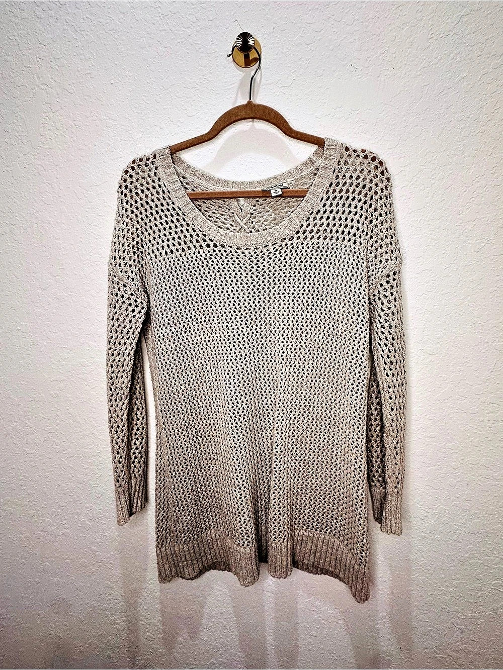 Lucky Brand Lace-Up Back Open Knit Pullover Sweater Beige Medium